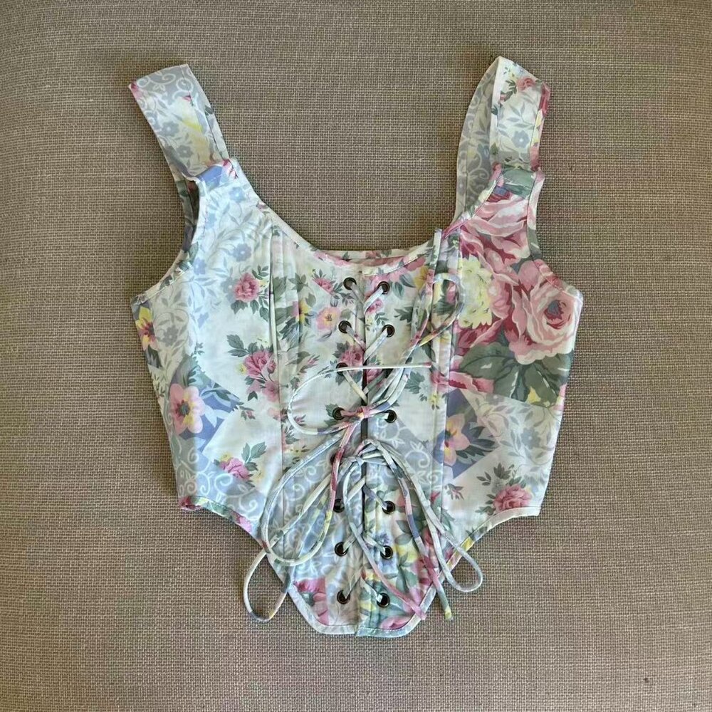 Selkie The Picnic Blanket Duchess Corset Small Lace Up Blue Pink Floral Top - Picture 5 of 9